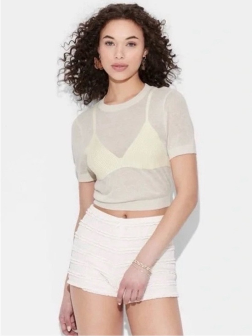 Wild Fable Sheer Short Sleeve Crop Top with Woven Bralette